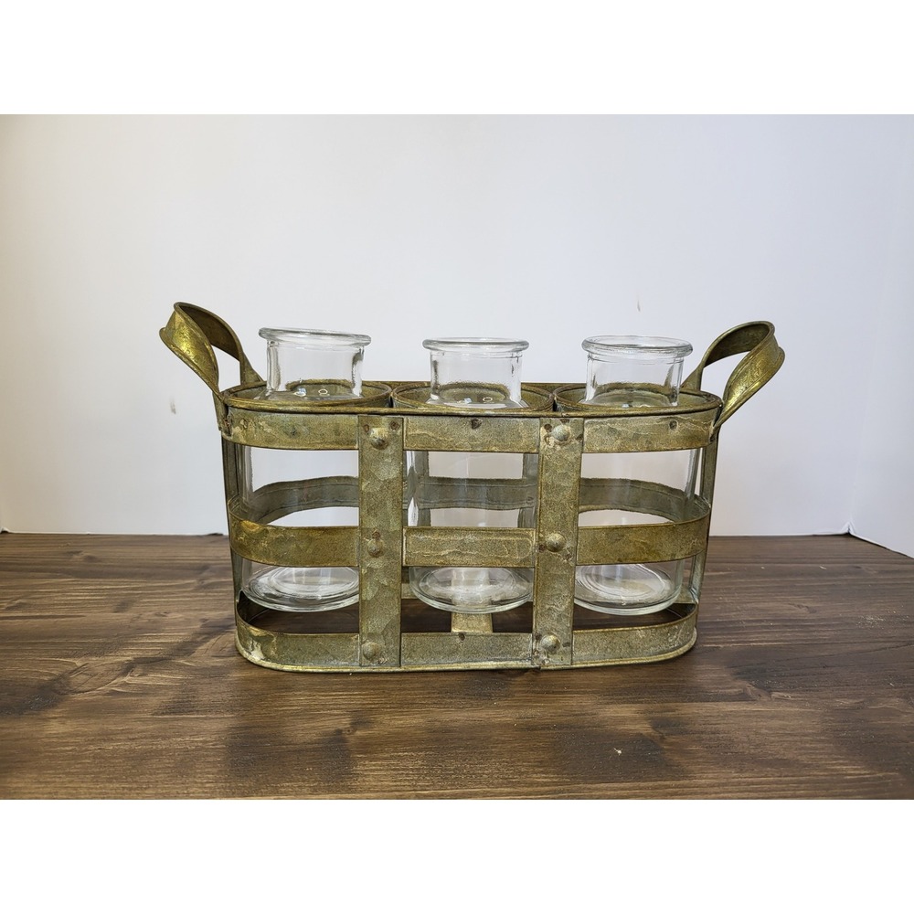 Farmhouse Gold Metal Caddy with 3 Glass Bud Vases Rustic Industrial Decor